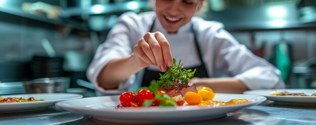 Zdjęcie z bliska przedstawia szefową kuchni w restauracji skrupulatnie dekorującą posiłek, pokazując jej uwagę na szczegóły i biegłość kulinarną