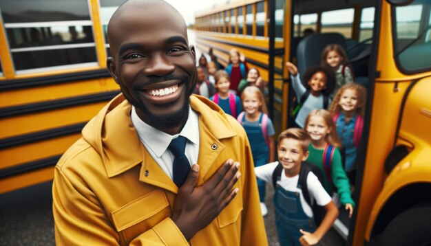 Zdjęcie z bliska przyjaznego afrykańskiego kierowcy promieniującego ciepłem, gdy wita dzieci w kultowym żółtym autobusie szkolnym