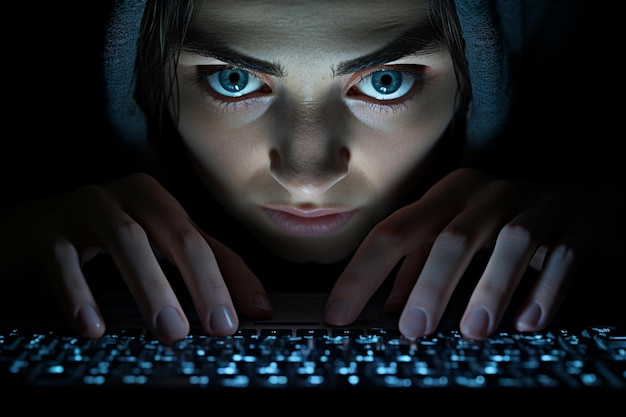 Zdjęcie zdjęcie z bliska: ręka kobiety na klawiaturze laptopa, druga ręka na myszy