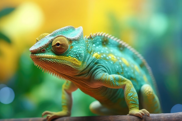 Zdjęcie z bliska zielonego kameleona i różne kolory natury wygenerowane przez sztuczną inteligencję