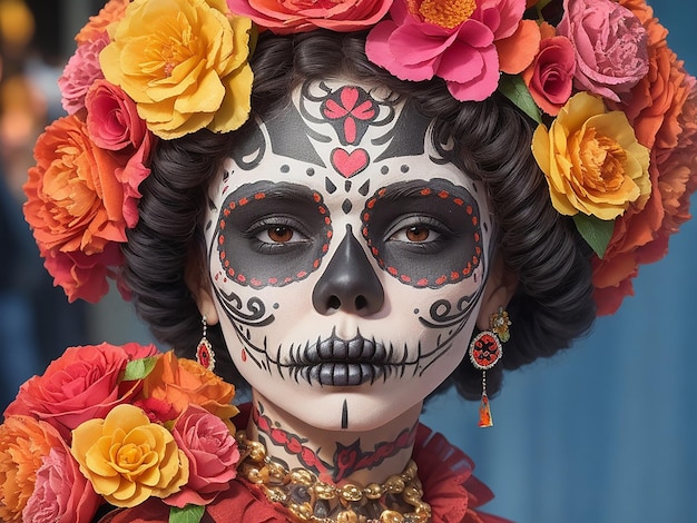 Zdjęcie z Dnia Zmarłych Calavera Catrina kobieta z tradycyjnym makijażem czaszki cukrowej 3D