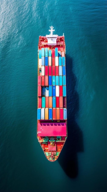 Zdjęcie zdjęcie z drona lotniczego ogromnego kontenerowego statku tankowca przewożącego kolorowe kontenery wielkości ciężarówki w głębokim