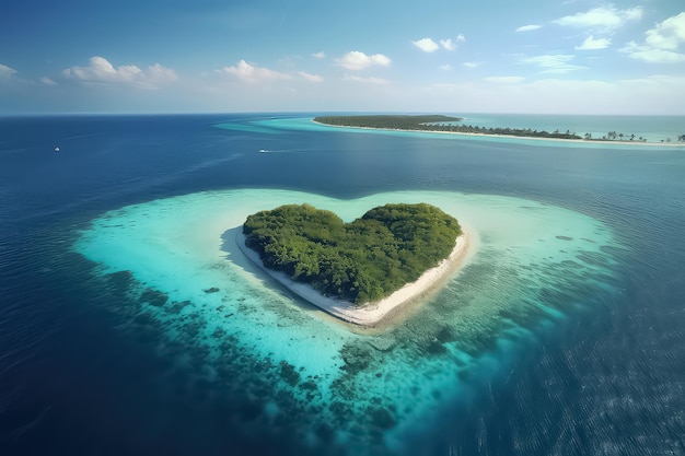 Zdjęcie z drona Malediwska wyspa w kształcie serca AI