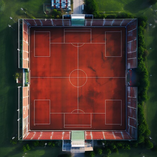 Zdjęcie zdjęcie z drona z idealnie symetrycznego boiska piłkarskiego świeżo pomalowanego i czekającego na