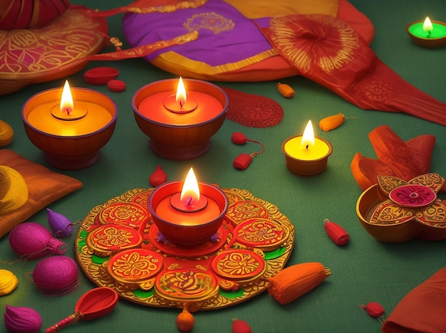 Zdjęcie z festiwalu Diwali oświetlające noc z Diyas i Rangoli