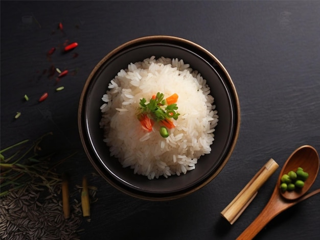zdjęcie z góry pyszny gotowany ryż z surowym ryżem wewnątrz małej talerza na ciemnym biurku
