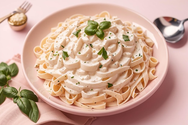 Zdjęcie zdjęcie z góry smaczne fettucine alfredo na jasnoróżowym tle