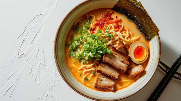 Zdjęcie z góry Tonkotsu Ramen na minimalistycznym białym tle