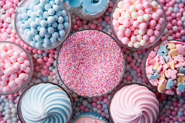 Zdjęcie zdjęcie z góry z batonikiem na przyjęciu dla niemowląt z różowymi i niebieskimi smakołykami