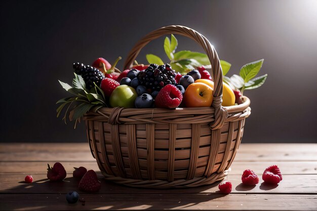 Zdjęcie z kosza z jagodami i owocami na stole