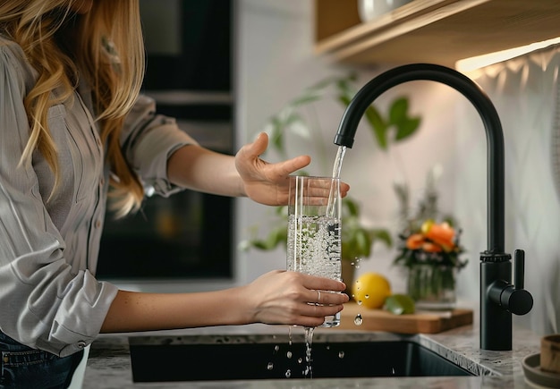 Zdjęcie zdjęcie z kranem w kuchni, w którym woda z kranu wlewa się, wypełnia wodę do szkła i czystej wody pitnej