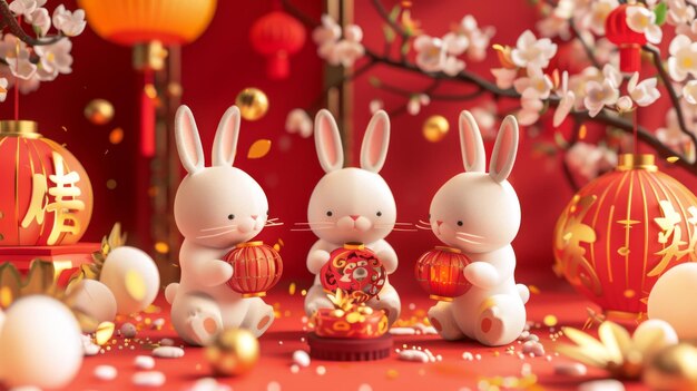 Zdjęcie z kreskówki miniaturowych białych królików świętujących Święto Środkowej Jesieni na czerwonym tle Tłumaczenie Szczęśliwego Święta Środkowej jesieni 15 sierpnia