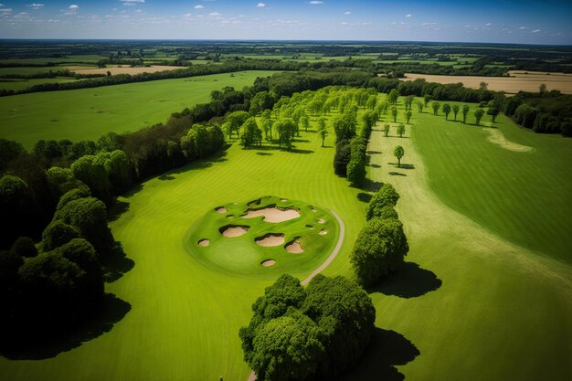 Zdjęcie z lotu ptaka pola golfowego w wiejskiej okolicy w Wielkiej Brytanii