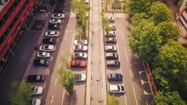 Zdjęcie z lotu ptaka przedstawiające styl życia współczesnego biznesmena z elektrycznym samochodem podłączonym do stacji ładującej na publicznym parkingu w centrum miasta Generative AI