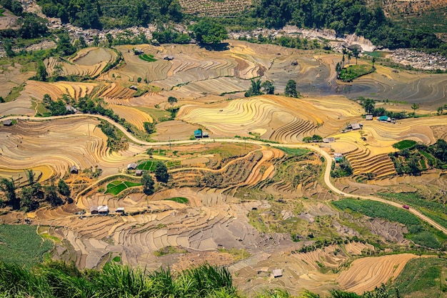 Zdjęcie z lotu ptaka tarasów ryżowych w dolinie Thien Sinh Y Ty Lao Cai w prowincji Wietnam Panorama krajobrazowa Wietnamu tarasowe pola ryżowe w Thien Sinh Spektakularne pola ryżowe Zszyta panorama