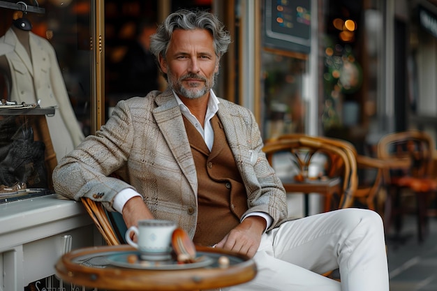 Zdjęcie z magazynu Ładny mężczyzna w białych spodniach i blazerze siedzący na krześle przed kawiarnią z gre
