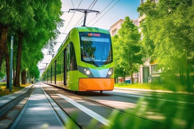 Zdjęcie z niskiego kąta nowoczesnego tramwaju elektrycznego przejeżdżającego przez pokazując przyjazny dla środowiska charakter transportu publicznego Generatywna sztuczna inteligencja