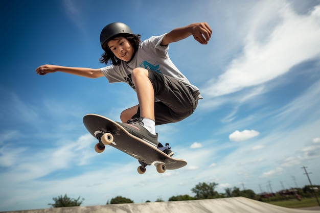 zdjęcie z niskim kątem nastolatka w skateparku bawiącego się