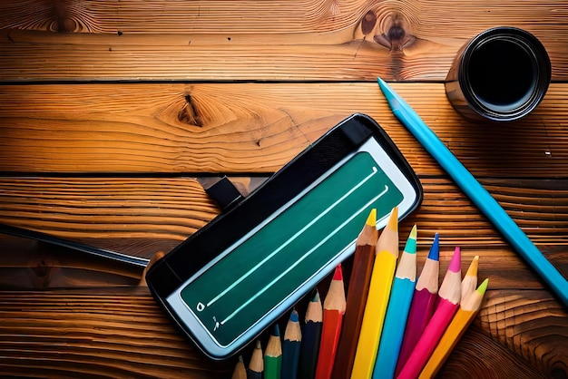 Zdjęcie zdjęcie z powrotem do koncepcji szkoły kolorowy ołówek i kolorowe przybory szkolne na drewnianym stole
