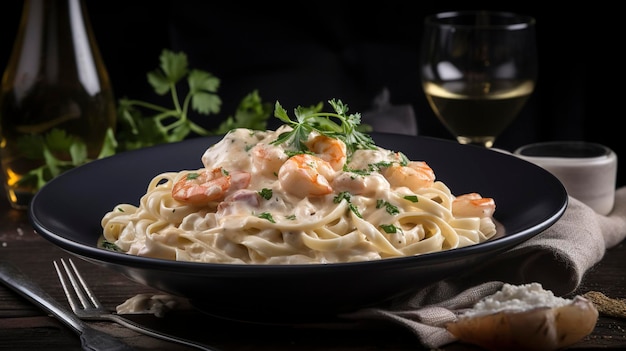 Zdjęcie z prezentacją pysznych krewetek Alfredo Pasta fotografia gastronomiczna