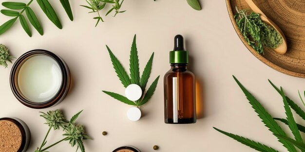 Zdjęcie z przodu CBD Oil Cannabis Mockup Care Product w płaskiej kompozycji z przestrzenią do kopiowania