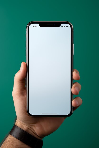 Zdjęcie z przodu z ręką trzymającą smartfon z białym ekranem na białym tle