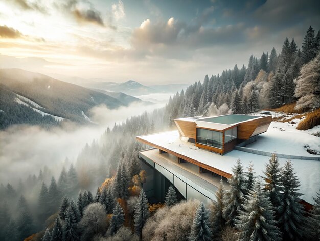 Zdjęcie z szerokim kątem nowoczesnego futurystycznego domu w dolinie otoczonej mgłą i drzewami