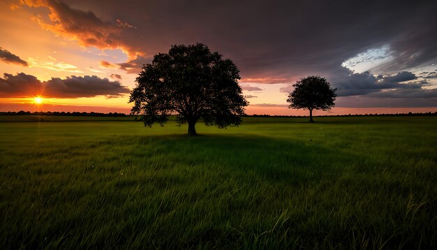 Zdjęcie z szerokim kątem pojedynczego drzewa rosnącego pod chmurnym niebem podczas zachodu słońca otoczonego trawą