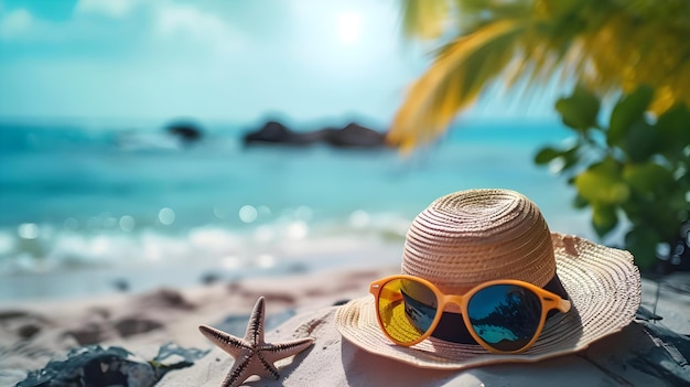 Zdjęcie z wakacji z błękitnym oceanem Kinowe zdjęcie kapelusza i okularów przeciwsłonecznych na piaszczystej plaży