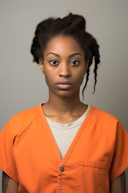 Zdjęcie z więzienia młodej afroamerykańskiej kobiety w pomarańczowym kombinezonie.