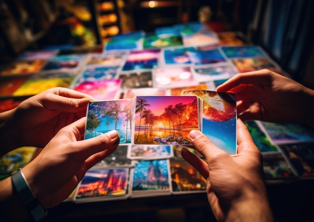 Zdjęcie z wysokiego kąta dłoni osoby trzymającej stos pocztówek z żywymi kolorami i