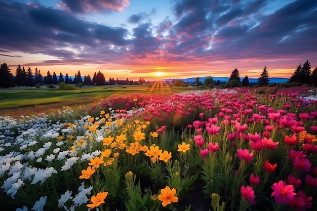 Zdjęcie zdjęcie zachodu słońca nad polem dzikich kwiatów spokojny krajobraz