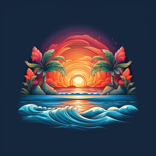 zdjęcie zachodu słońca z palmami i falami generatywne ai