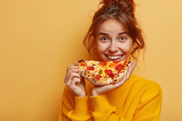Zdjęcie zadowolonego trzymającego kawałek pizzy wygląda szczęśliwie bezpośrednio nosi stylowy casual outfit