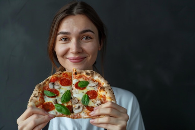 Zdjęcie zadowolonego trzymającego kawałek pizzy wygląda szczęśliwie bezpośrednio nosi stylowy casual outfit