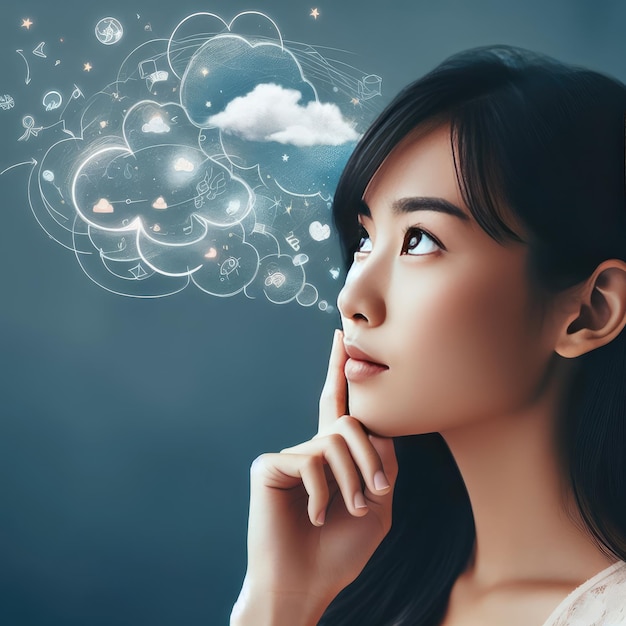 Zdjęcie zastanawiającej się brunetki trzymającej podbródek i patrzącej w górę z chmurą myśli narysowaną nad głową