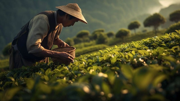 Zdjęcie zbieracza herbaty zbierającego liście herbaty