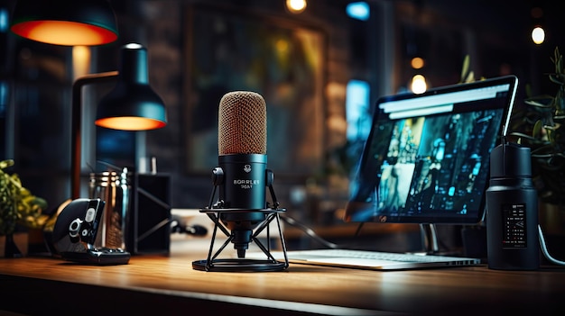 zdjęcie zbliżenia mikrofonu na biurku w przytulnym, nowoczesnym pokoju studia podcastów