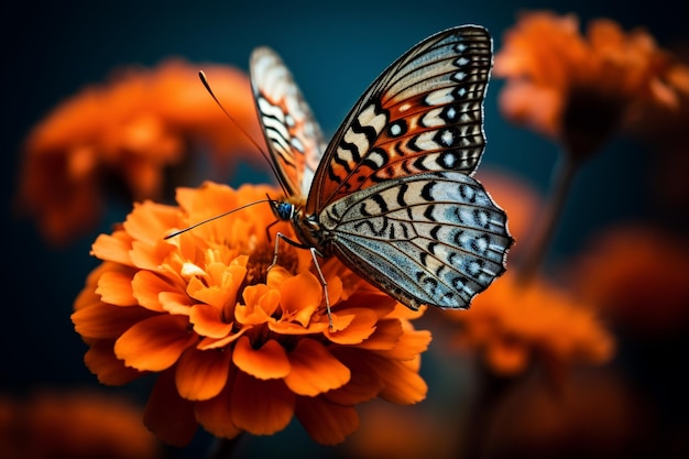 Zdjęcie zdjęcie zbliżenia pięknego motyla z ciekawymi teksturami na pomarańczowym kwiacie