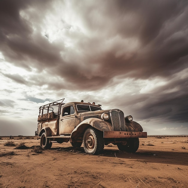 zdjęcie zbliżenia pojazdu na suchym polu pod chmurnym niebem