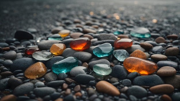 Zdjęcie zbliżenia wielokolorowego kamienia na plaży morskiej