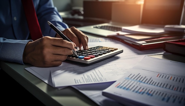 zdjęcie zbliżenie ekonomisty za pomocą kalkulatora podczas przeglądania rachunków i podatków w biurze