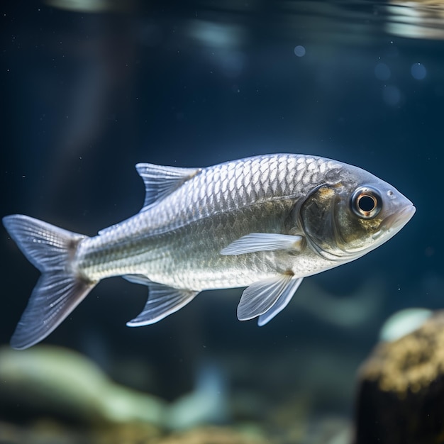 zdjęcie zbliżenie małej srebrnej i szarej ryby w akwarium