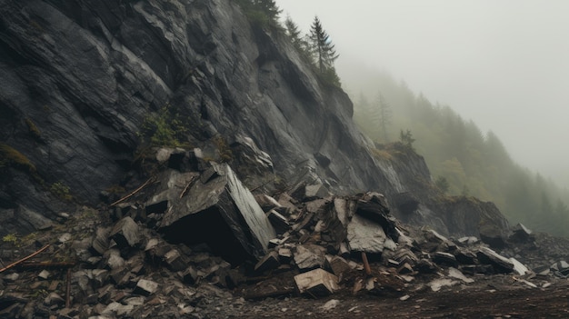 Zdjęcie zbocza wzgórza z ślizgiem skał i mgłą
