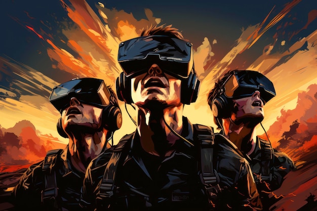 Zdjęcie zespołu trzech żołnierzy Wojskowa technologia VR Żołnierze w goglach