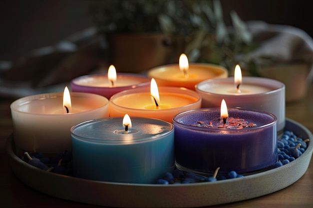 Zdjęcie zestawu świec aromaterapeutycznych ułożonych na okrągłej tacy