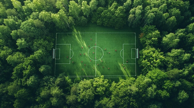 Zdjęcie zewnętrznego boiska piłkarskiego w lesie brzozy z zawodnikami grającymi w piłkę nożną