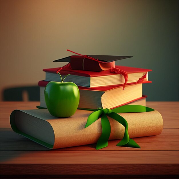 Zdjęcie zielonego jabłka na starym, grubym książce, białym papierze i zielonej wstążce