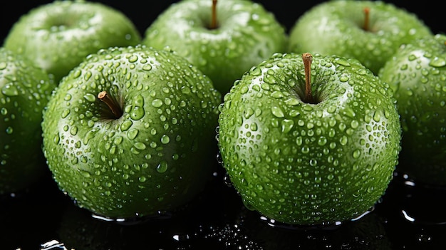Zdjęcie zielonego jabłka z kropelami wody na nim