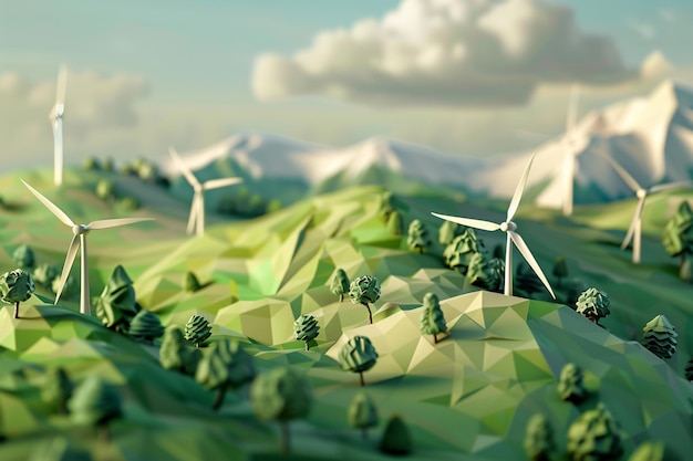 Zdjęcie zielonego pola z turbinami wiatrowymi w tle